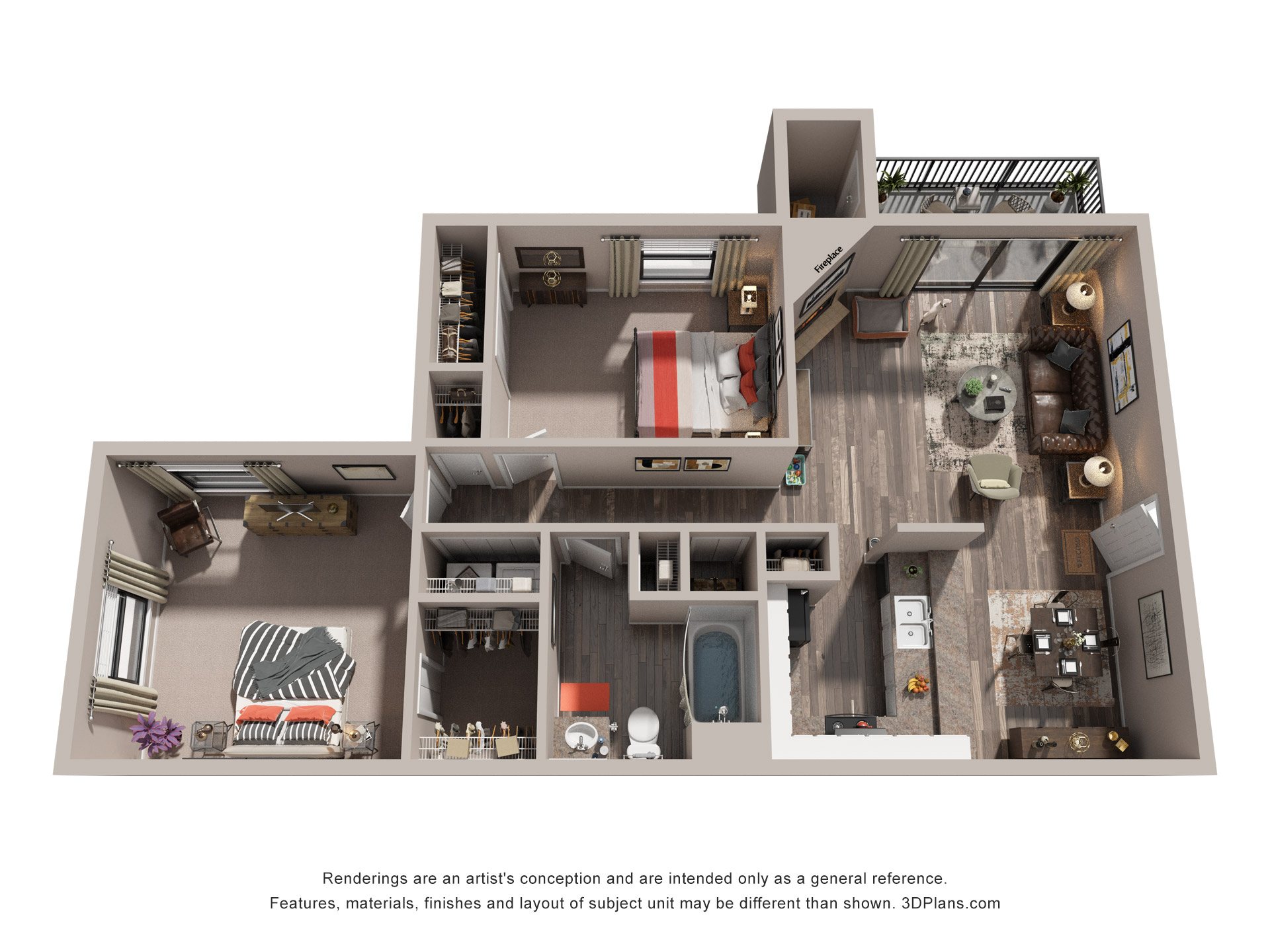 Floor plan for 2 beds, 1 bath, 906 sqft